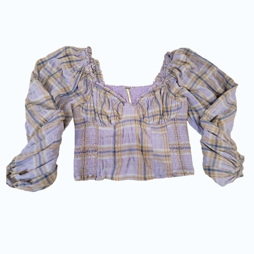 FREE PEOPLE Lavender Plaid Puff Sleeve Crop Midriff Blouse - Picture 10 of 12